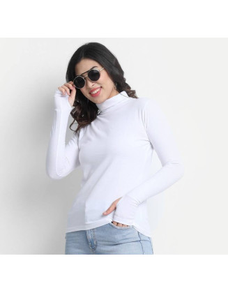 Solid High Neck for Women Cotton Blend White T-Shirt