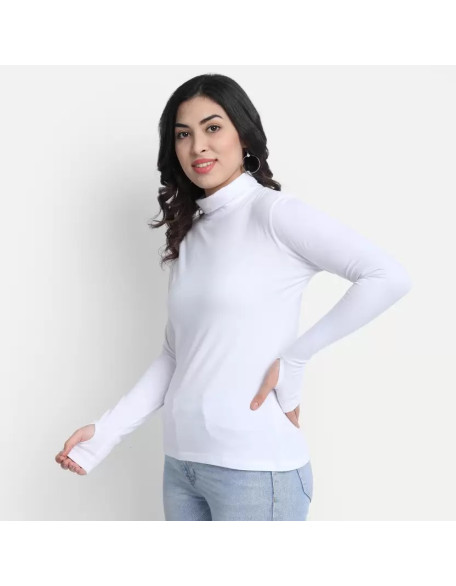 Solid High Neck for Women Cotton Blend White T-Shirt