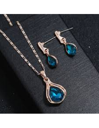 3 Blue Stone Waterdrop Style Neckless & Earrings